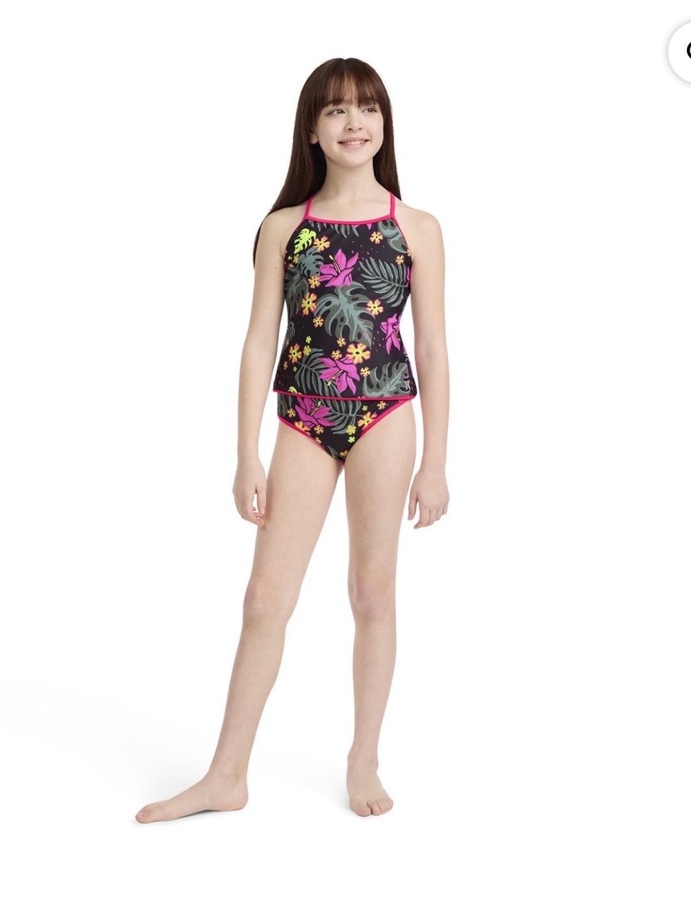 Hurley Girls Black Tropical Floral Tankini with Neon Pink Trim